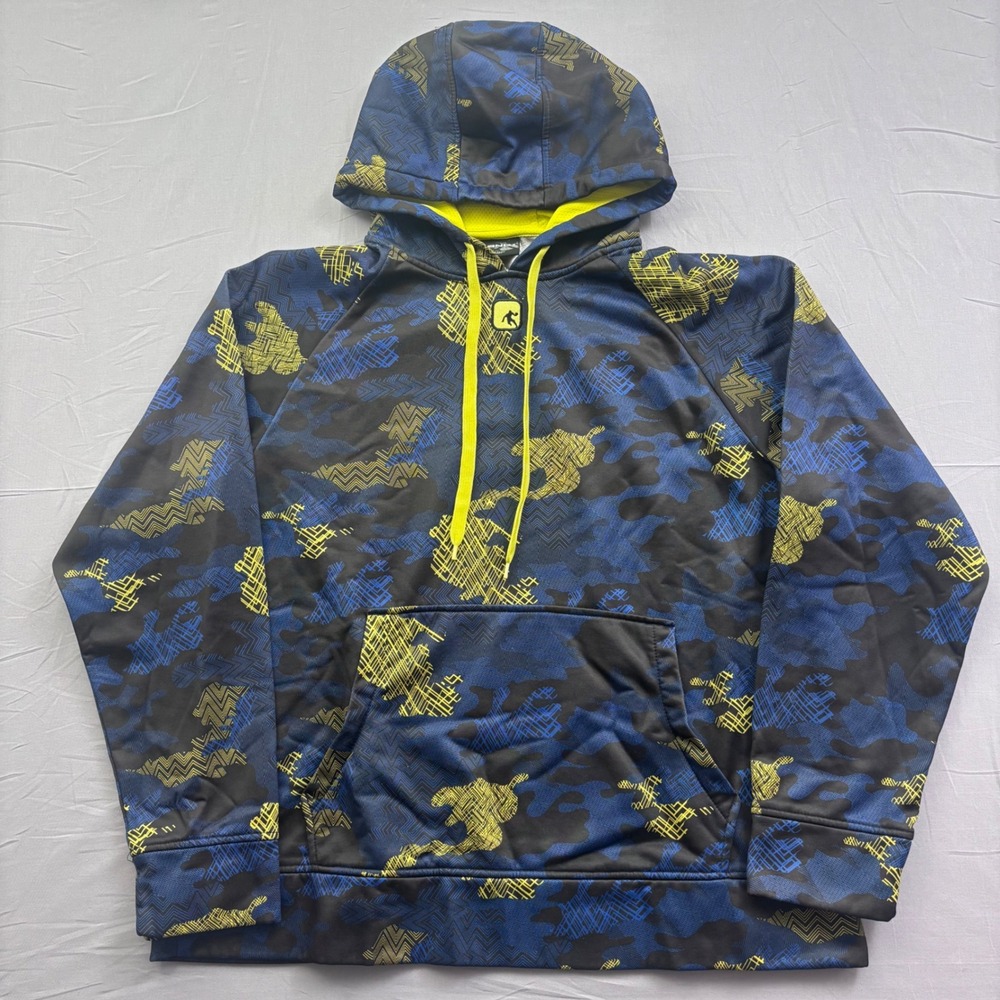 AND1 Mens Blue Neon Yellow Camo Basketball Hoodie Large Digital Print Pullover
